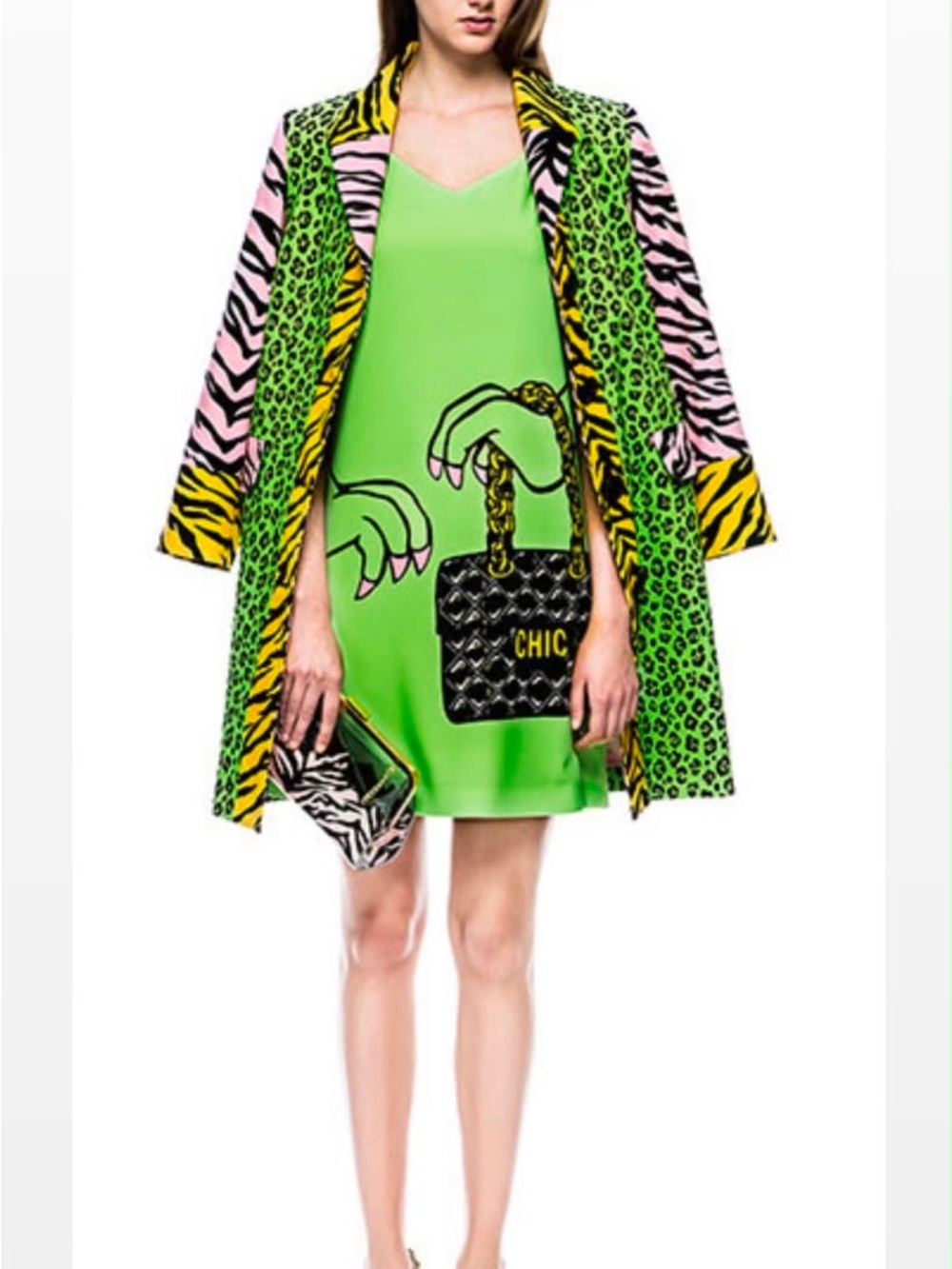 Jeremy Scott Neon Green Mini Dress with Black Hand-and-Bag Graphic